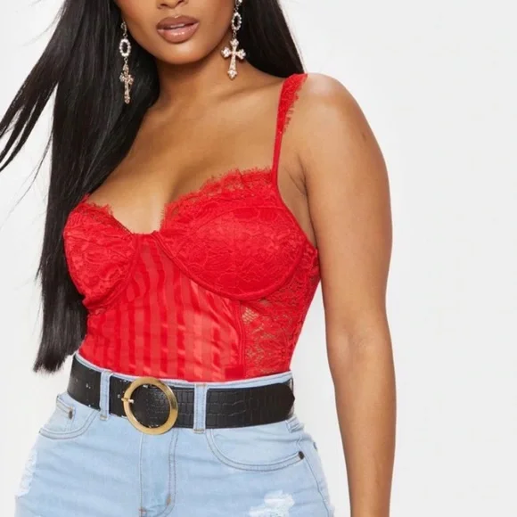 🎀 5/$20 🎀 PrettyLittleThing Shape Red Lace Bodysuit size 10 - Picture 9 of 16